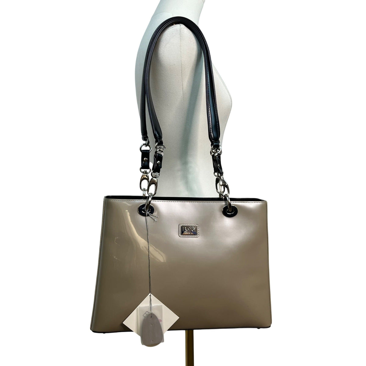 Beijo Classic Women’s Patent Gray With Black Straps & Silver Logo Tote Bag Sz L