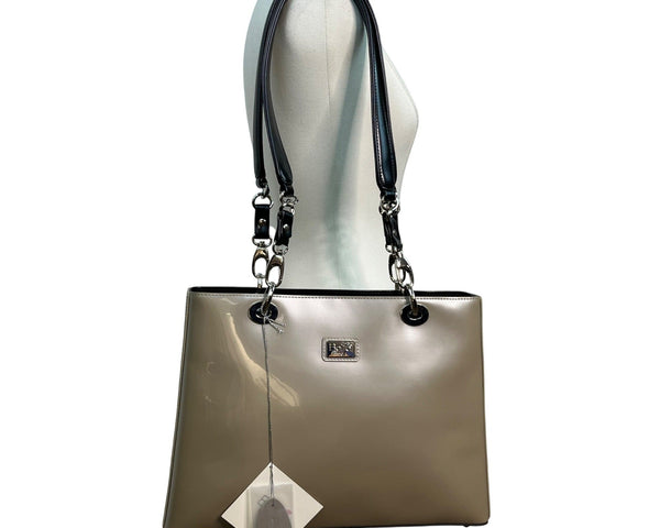 Beijo Classic Women’s Patent Gray With Black Straps & Silver Logo Tote Bag Sz L