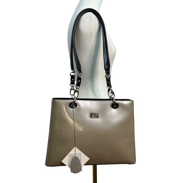 Beijo Classic Women’s Patent Gray With Black Straps & Silver Logo Tote Bag Sz L