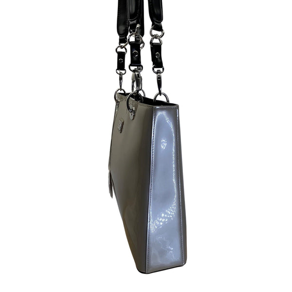 Beijo Classic Women’s Patent Gray With Black Straps & Silver Logo Tote Bag Sz L