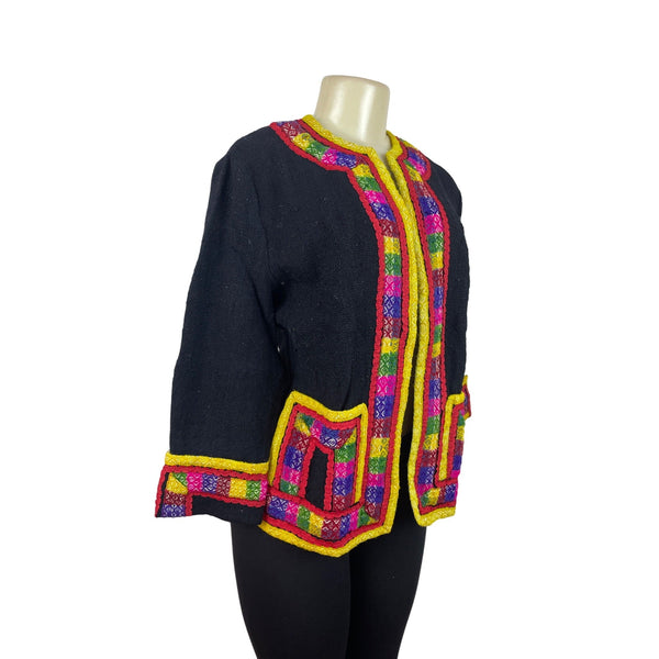 Vintage Handwoven Jacket With Vibrant Multicolor Embroidery & Yellow Trim