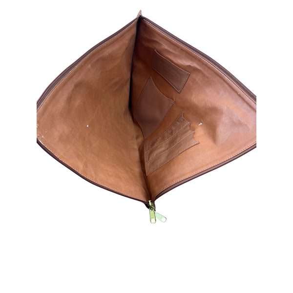 Levenger Vintage Tan Leather Slim Laptop Sleeve With Zipper Closure & Inner Pocket