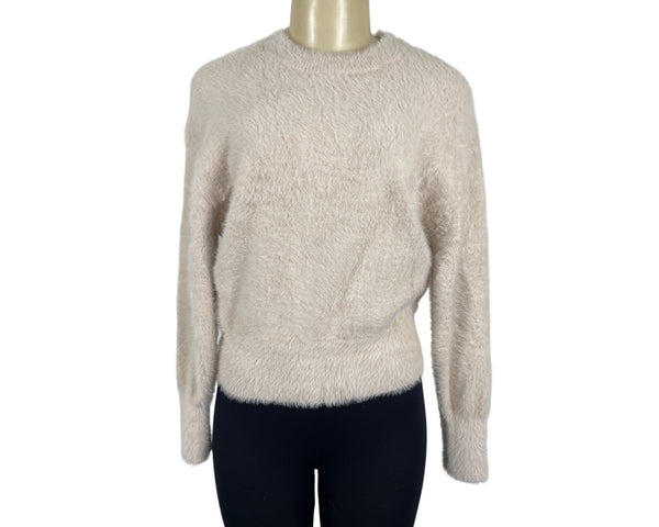Ann Taylor Womens Fuzzy Knit Sweater Cream Cozy Long Sleeve Pullover Sz S