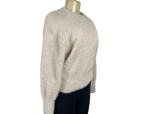 Ann Taylor Womens Fuzzy Knit Sweater Cream Cozy Long Sleeve Pullover Sz S