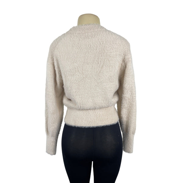 Ann Taylor Womens Fuzzy Knit Sweater Cream Cozy Long Sleeve Pullover Sz S