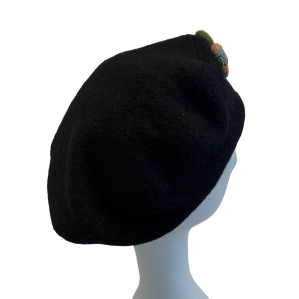 Vintage Style Handmade Black French Beret Pom-Pom Accents One Size