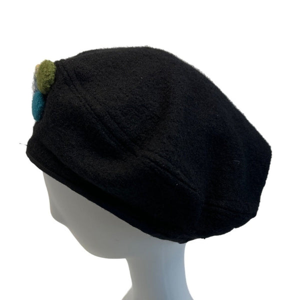 Vintage Style Handmade Black French Beret Pom-Pom Accents One Size