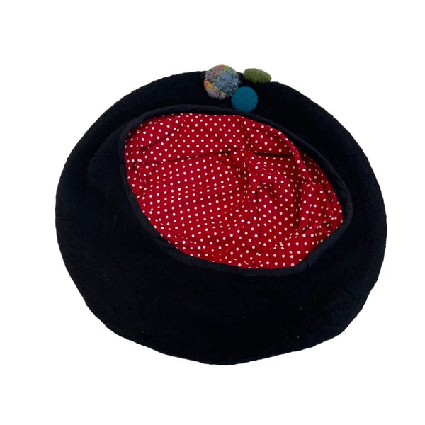 Vintage Style Handmade Black French Beret Pom-Pom Accents One Size