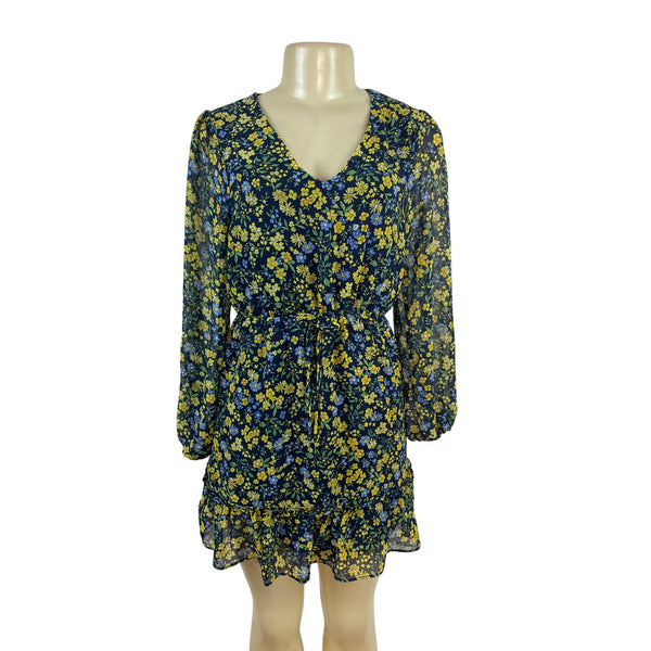 3rd + Malt Floral Print Long Sleeve Mini Dress With Tie Waist & Ruffled Hem Size S