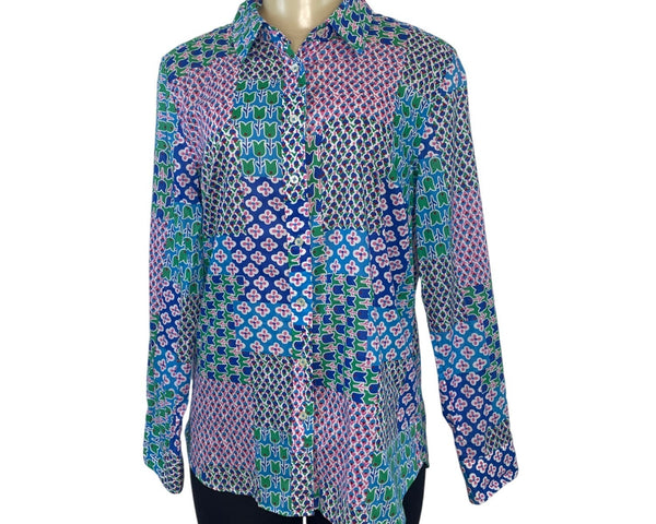 Talbots Women's Patchwork Tulip Print Button-Up Shirt M 100% Cotton Long Sleeve
