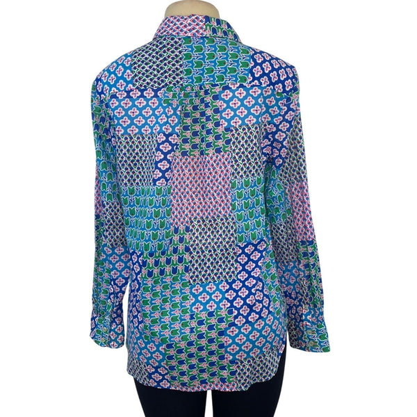 Talbots Women's Patchwork Tulip Print Button-Up Shirt M 100% Cotton Long Sleeve