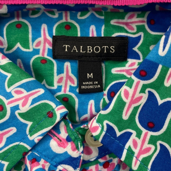 Talbots Women's Patchwork Tulip Print Button-Up Shirt M 100% Cotton Long Sleeve