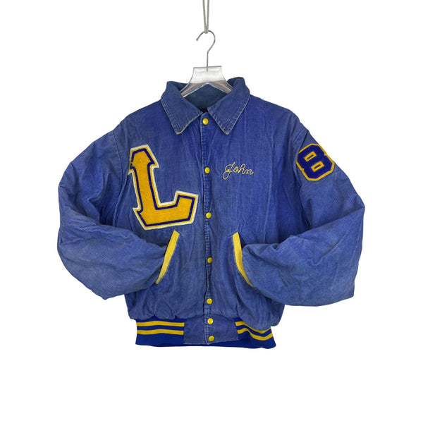 Liberty Mens Blue Corduroy Letterman Jacket Embroidered Patches Snap Front Size M
