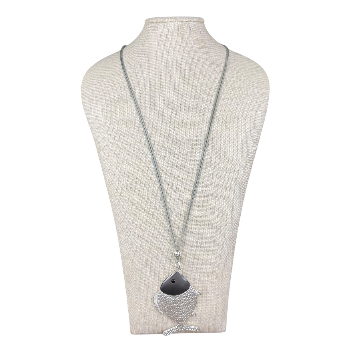 Silver Tone Long Chain Necklace Fish Pendant Adjustable Clasp Unique Design