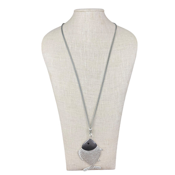 Silver Tone Long Chain Necklace Fish Pendant Adjustable Clasp Unique Design