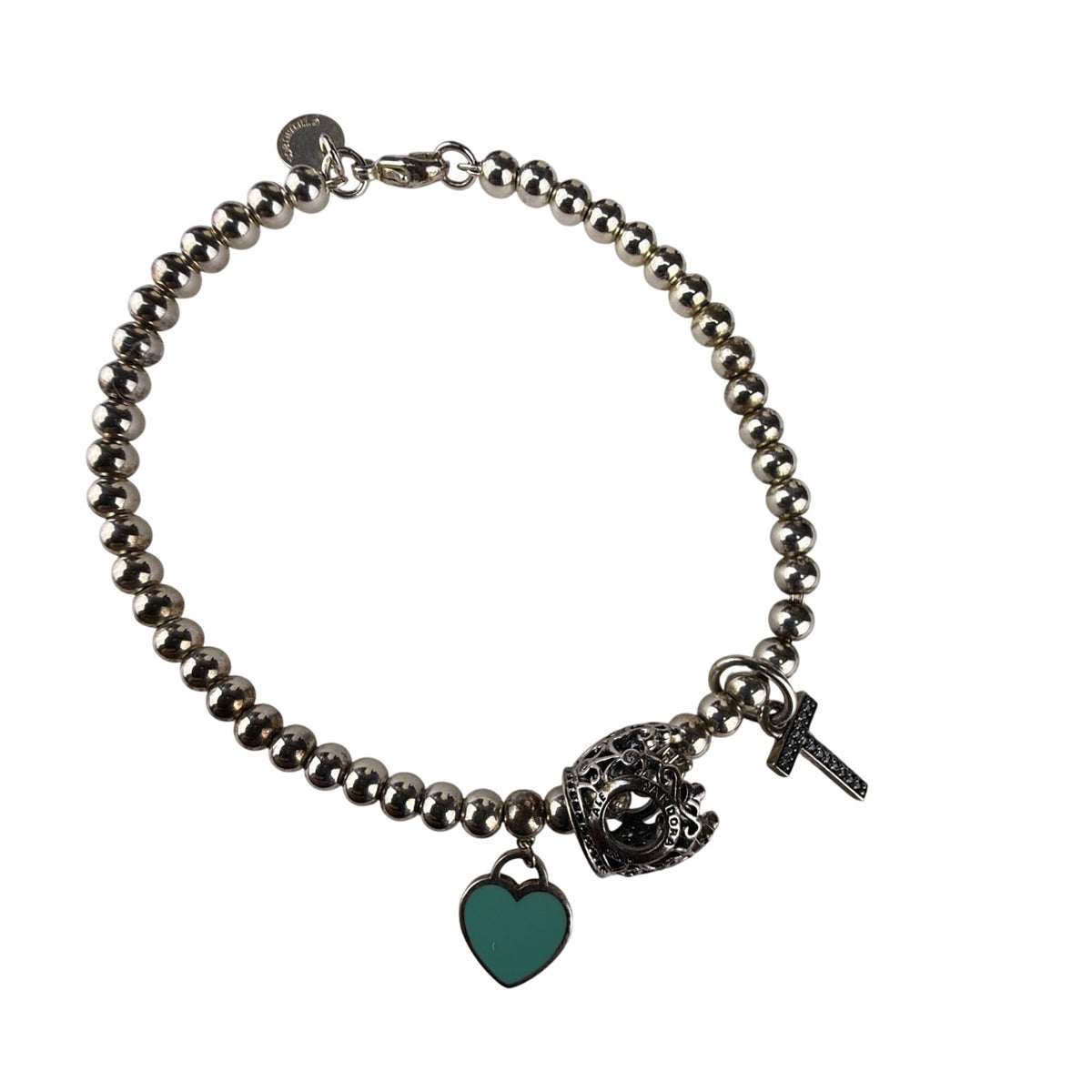 Tiffany & Co. AG925 Women's Silver Tone Beaded Charm Bracelet With Heart & Cross Charms