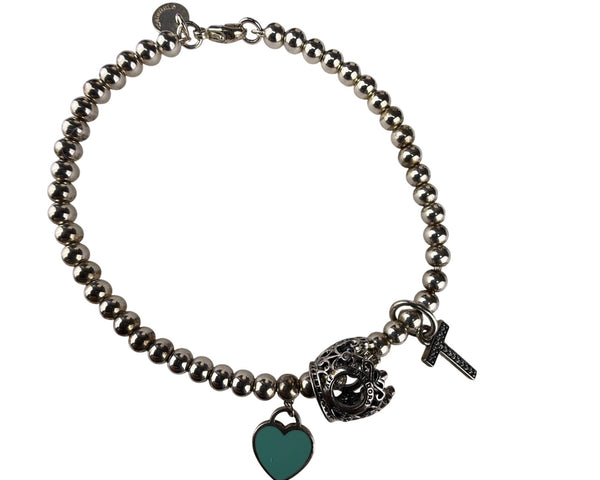 Tiffany & Co. AG925 Women's Silver Tone Beaded Charm Bracelet With Heart & Cross Charms
