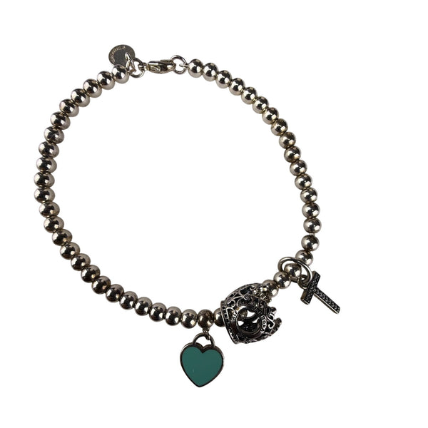 Tiffany & Co. AG925 Women's Silver Tone Beaded Charm Bracelet With Heart & Cross Charms