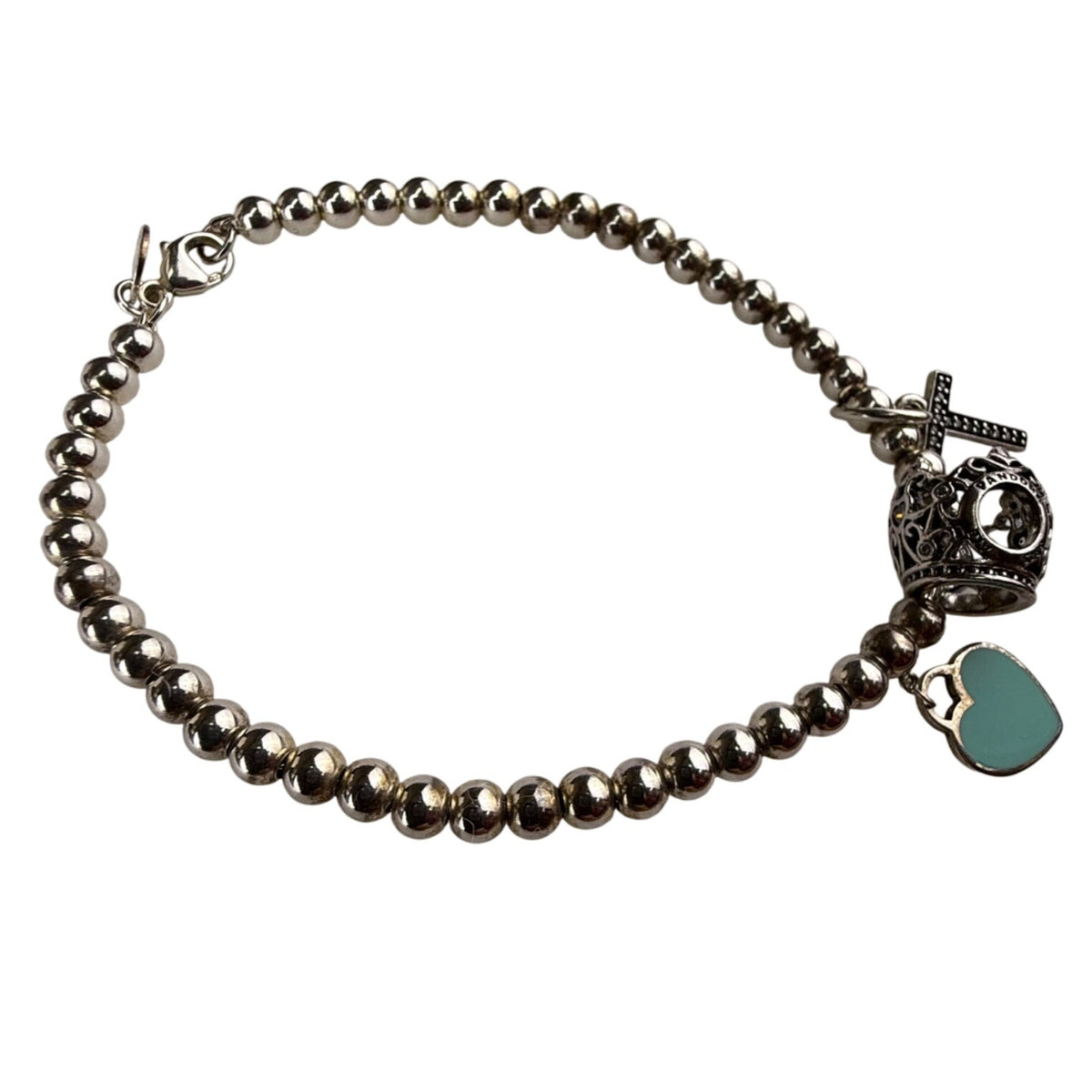 Tiffany & Co. AG925 Women's Silver Tone Beaded Charm Bracelet With Heart & Cross Charms