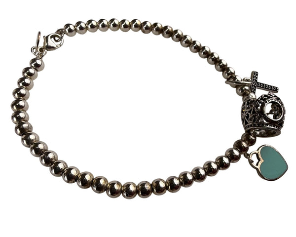 Tiffany & Co. AG925 Women's Silver Tone Beaded Charm Bracelet With Heart & Cross Charms