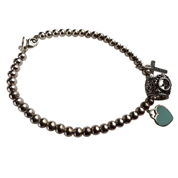 Tiffany & Co. AG925 Women's Silver Tone Beaded Charm Bracelet With Heart & Cross Charms