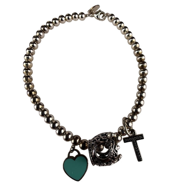 Tiffany & Co. AG925 Women's Silver Tone Beaded Charm Bracelet With Heart & Cross Charms
