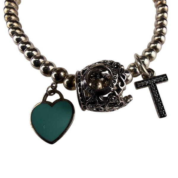 Tiffany & Co. AG925 Women's Silver Tone Beaded Charm Bracelet With Heart & Cross Charms