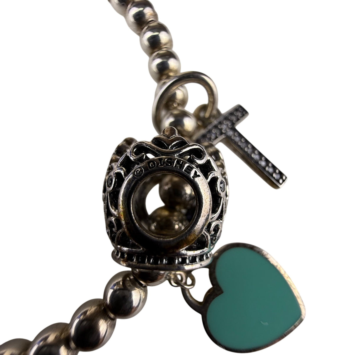 Tiffany & Co. AG925 Women's Silver Tone Beaded Charm Bracelet With Heart & Cross Charms