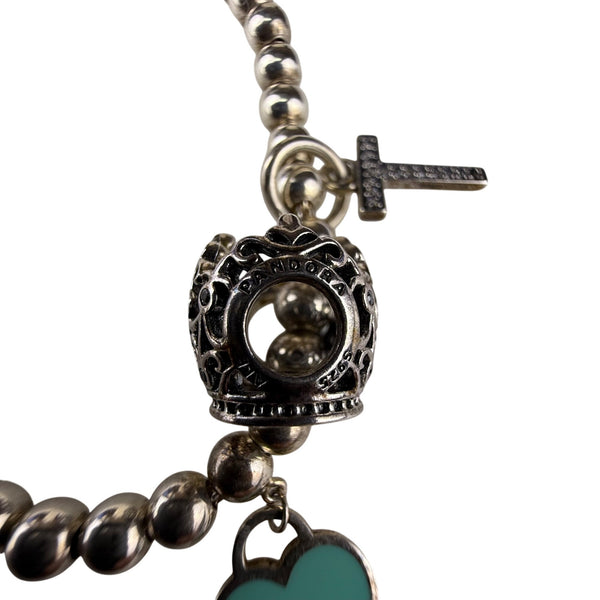 Tiffany & Co. AG925 Women's Silver Tone Beaded Charm Bracelet With Heart & Cross Charms