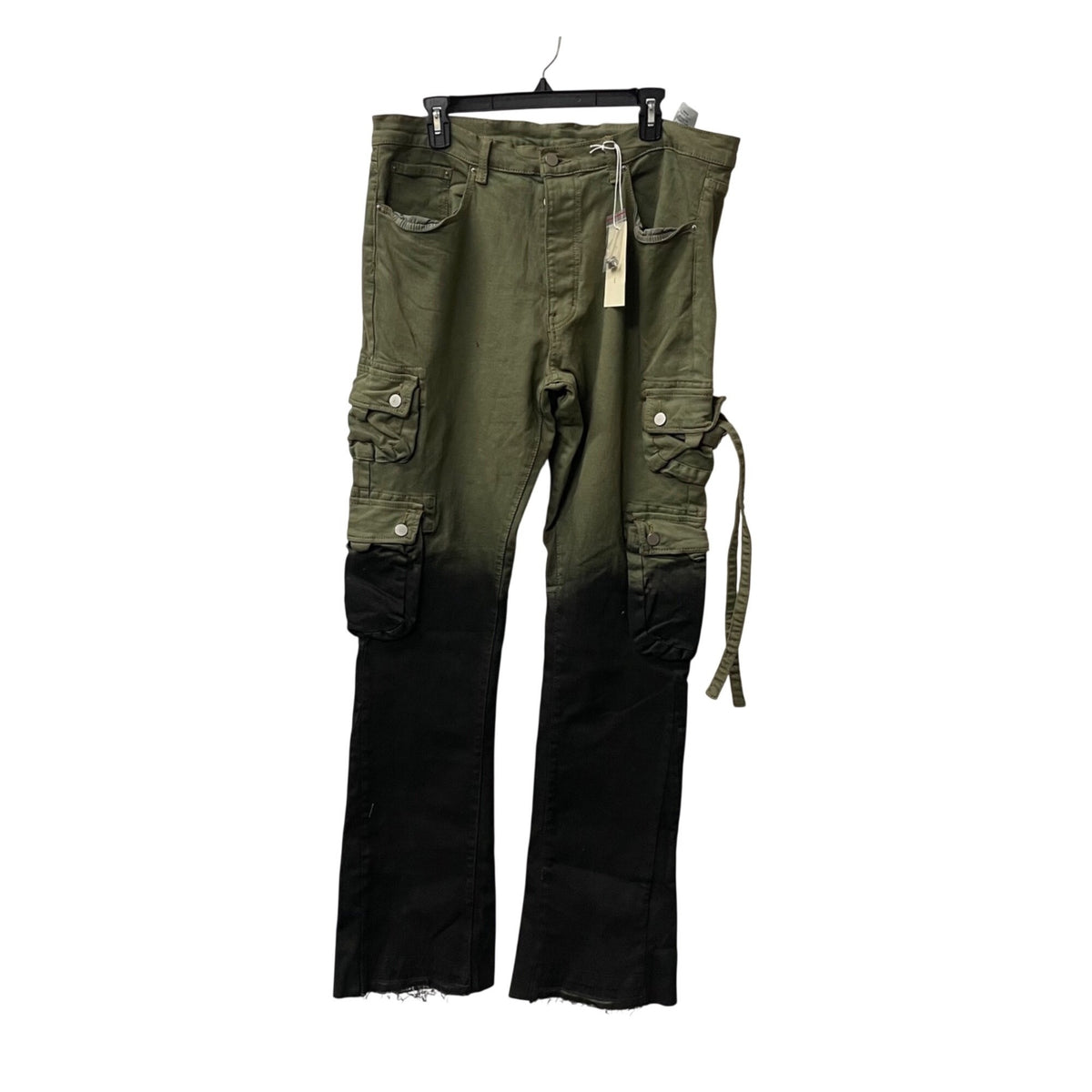 Military-Inspired Mens Green & Black Cotton Blend Cargo Pants Size 36 Ombre Fade Slim Fit