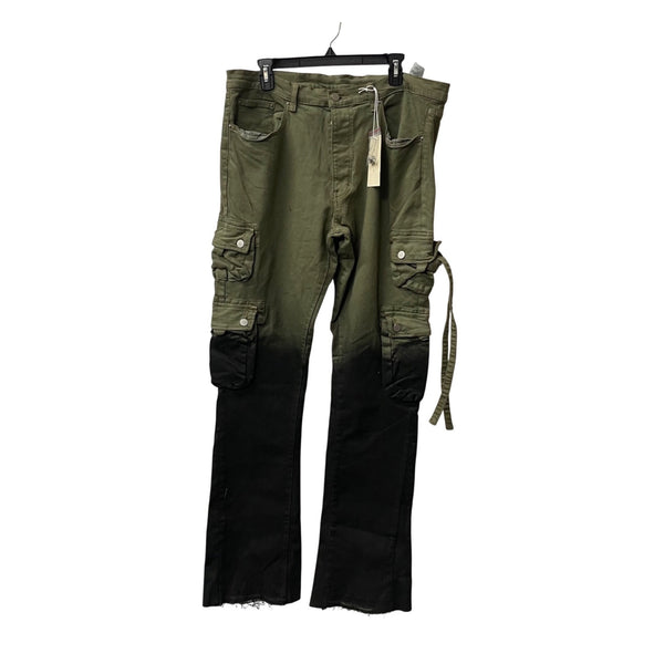 Military-Inspired Mens Green & Black Cotton Blend Cargo Pants Size 36 Ombre Fade Slim Fit
