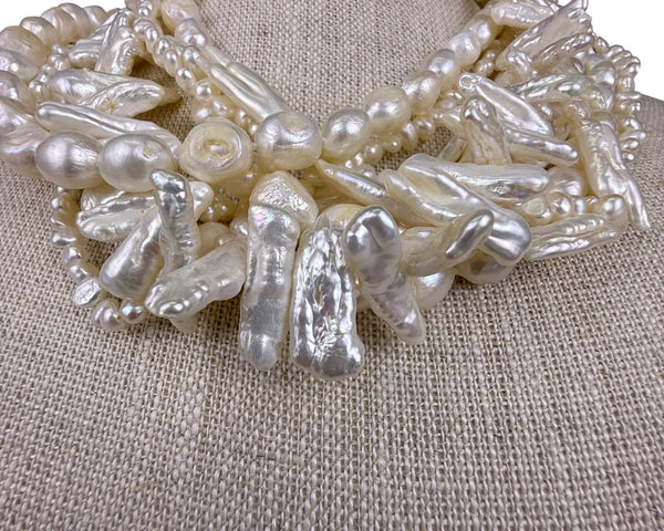 Baroque Freshwater Pearl Sterling Silver Multi-Strand Statement Necklace Elegant