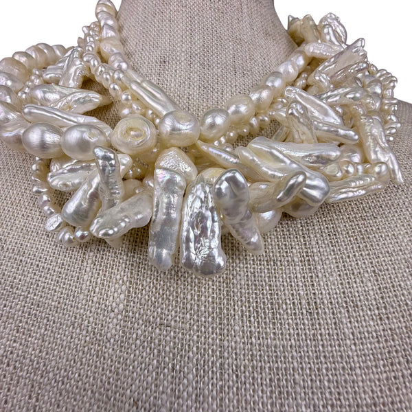 Baroque Freshwater Pearl Sterling Silver Multi-Strand Statement Necklace Elegant