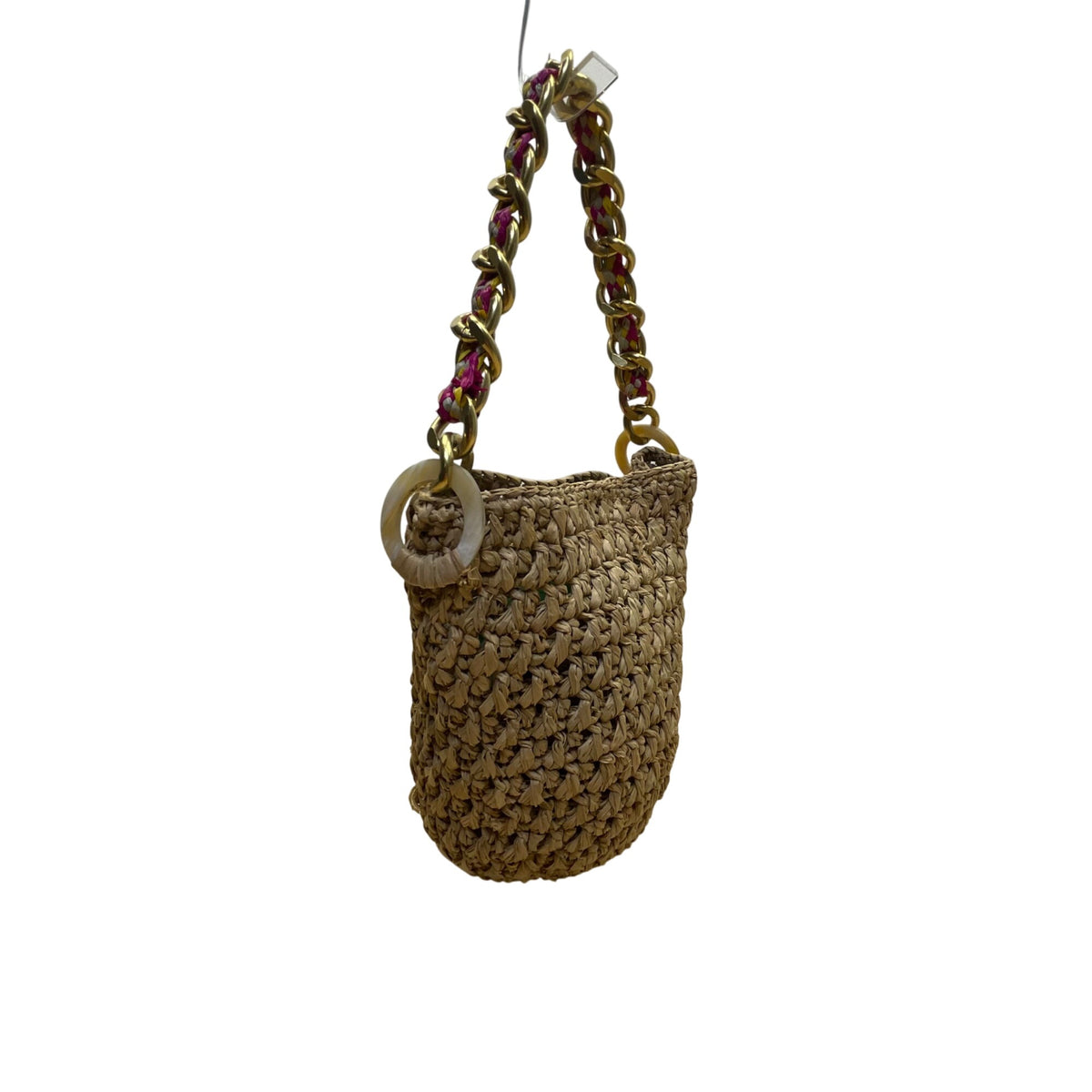 A Point ETC Women’s Natural Woven Straw Chain Handle Boho Bucket Bag Size S