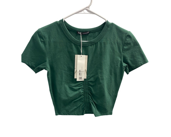 Zara Womens Green Cotton Ruched Cropped Tee Size S With Tags