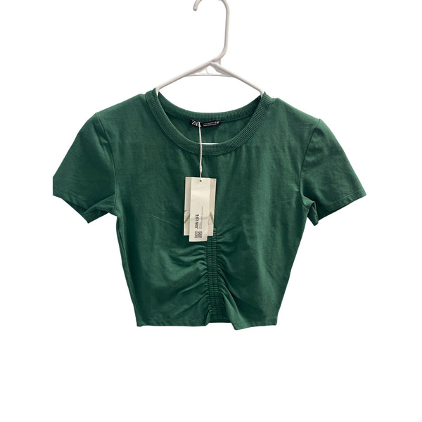 Zara Womens Green Cotton Ruched Cropped Tee Size S With Tags