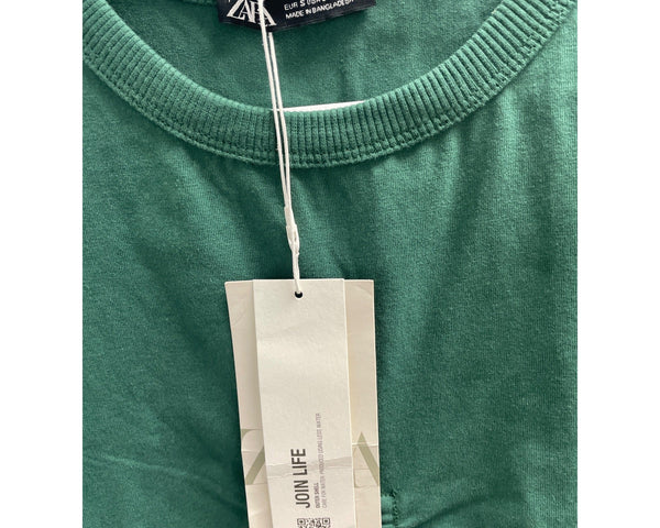 Zara Womens Green Cotton Ruched Cropped Tee Size S With Tags