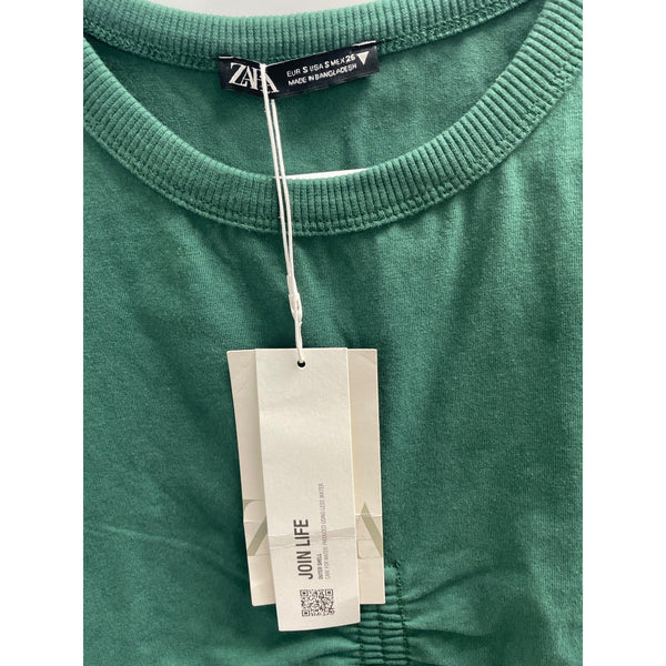Zara Womens Green Cotton Ruched Cropped Tee Size S With Tags