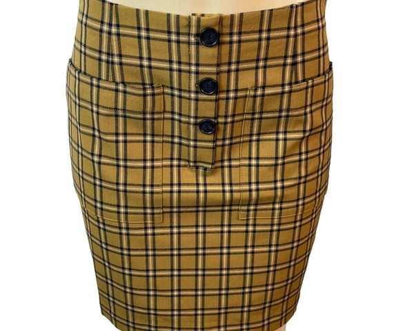 Loft Women's Mustard Yellow & Black Grid Pattern High Waist Short Skirt Sz 6P