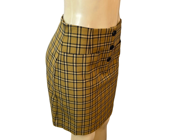 Loft Women's Mustard Yellow & Black Grid Pattern High Waist Short Skirt Sz 6P