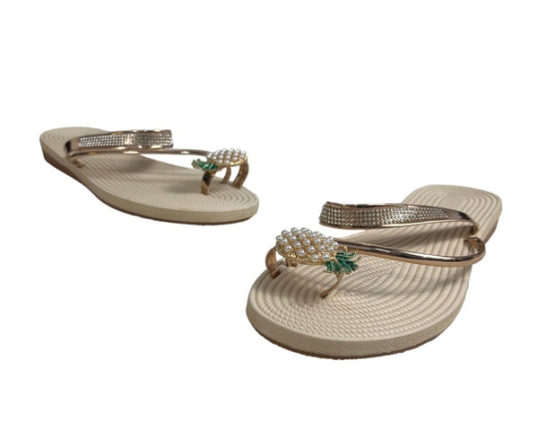 Women's Beige Pineapple Faux Pearls Rhinstone Strap Sandals Sz 42 (11.5 US)