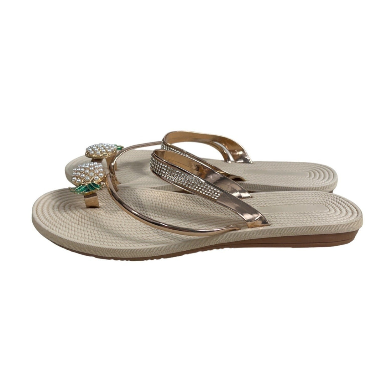 Women's Beige Pineapple Faux Pearls Rhinstone Strap Sandals Sz 42 (11.5 US)