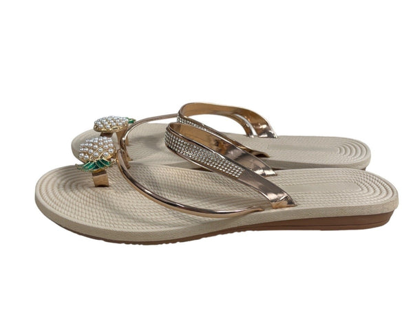 Women's Beige Pineapple Faux Pearls Rhinstone Strap Sandals Sz 42 (11.5 US)