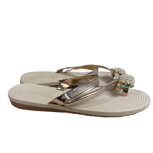 Women's Beige Pineapple Faux Pearls Rhinstone Strap Sandals Sz 42 (11.5 US)