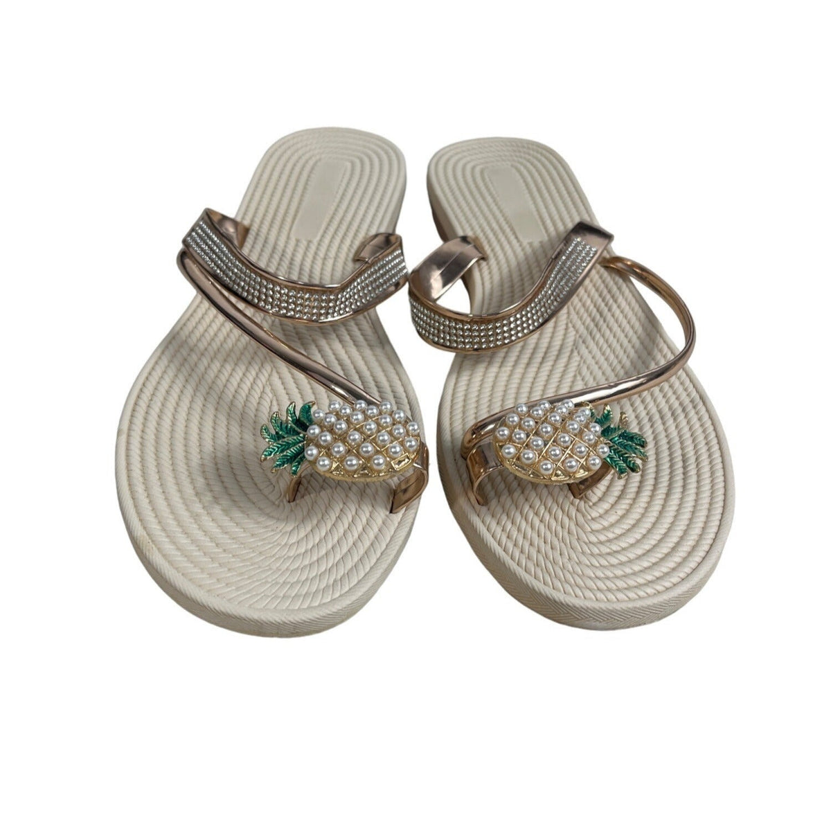 Women's Beige Pineapple Faux Pearls Rhinstone Strap Sandals Sz 42 (11.5 US)