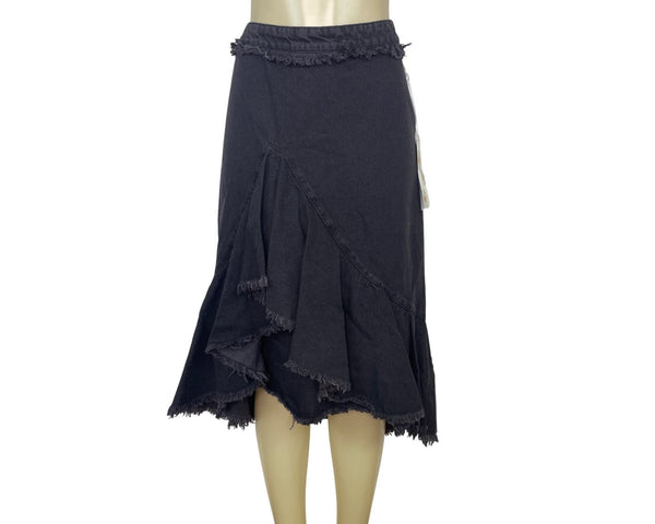 Given Kale Black Denim Asymmetrical Ruffle Skirt With Frayed Hem Sz M -New