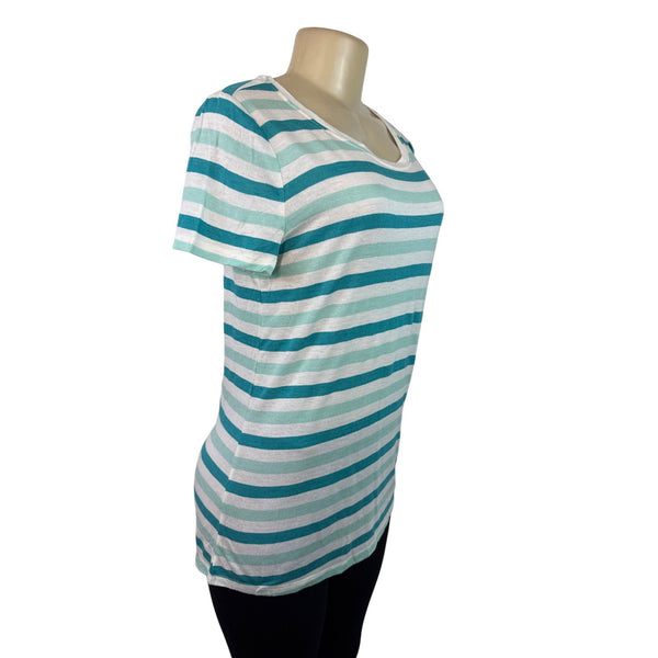 Talbots Womens Striped Scoop Neck Short Sleeve Top White & Teal  Size  S - New