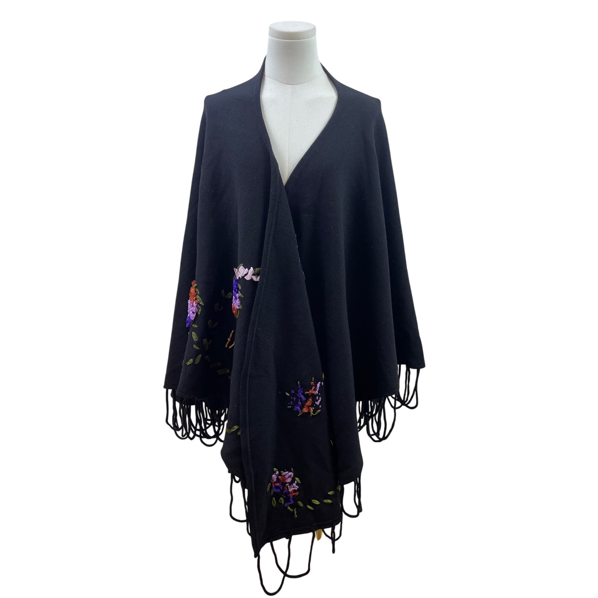 Angel Design By Hanton Black Wool & Acrylic Floral Embroidery Fringe Hem Poncho