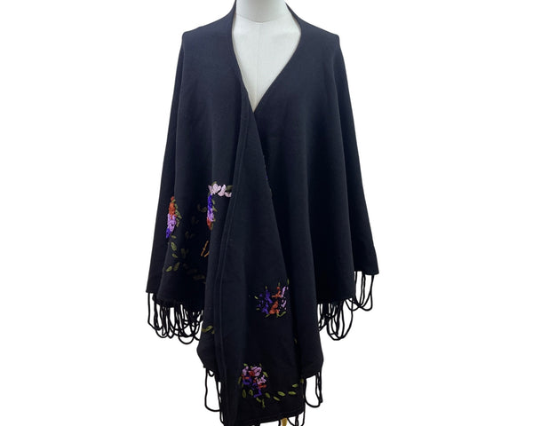 Angel Design By Hanton Black Wool & Acrylic Floral Embroidery Fringe Hem Poncho