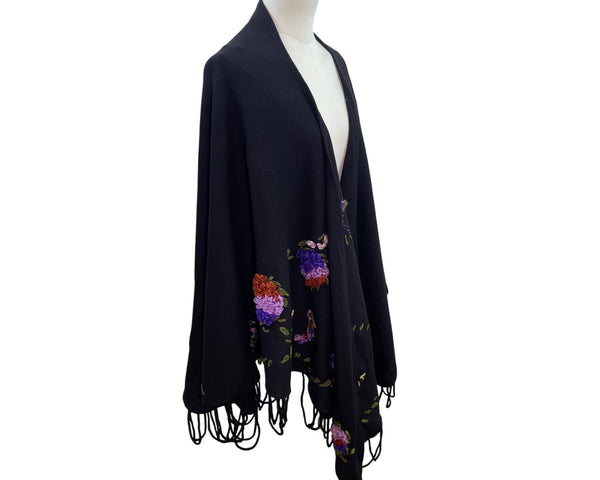 Angel Design By Hanton Black Wool & Acrylic Floral Embroidery Fringe Hem Poncho
